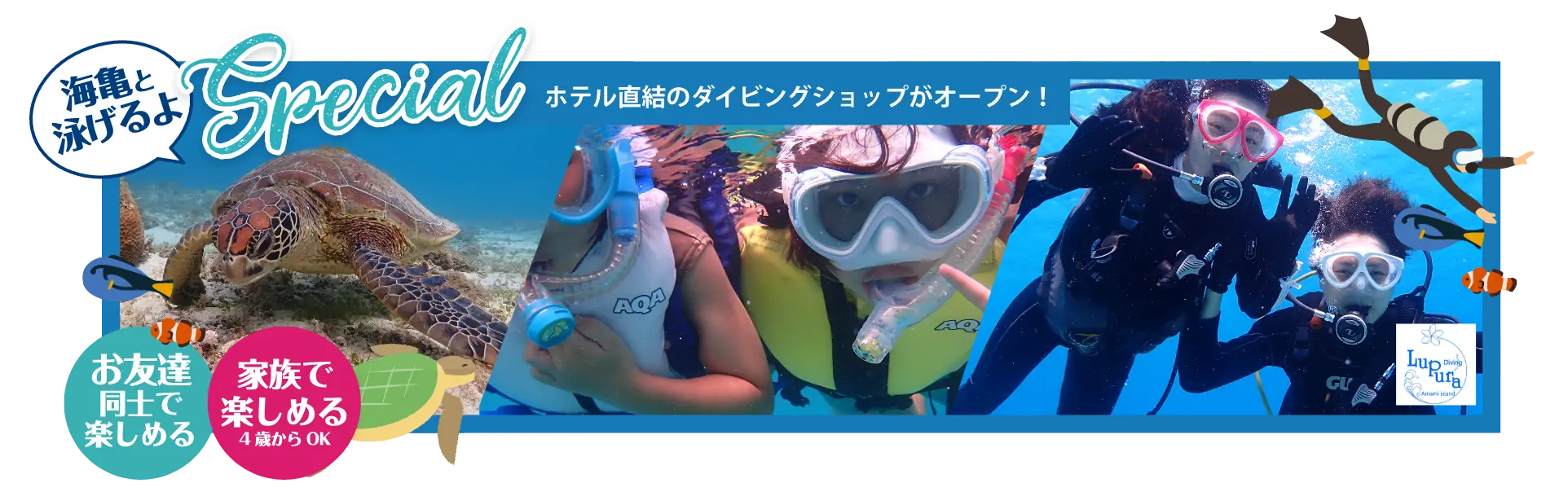 海亀と泳げるよ Special ホテル直結のダイビングショップがオープン！