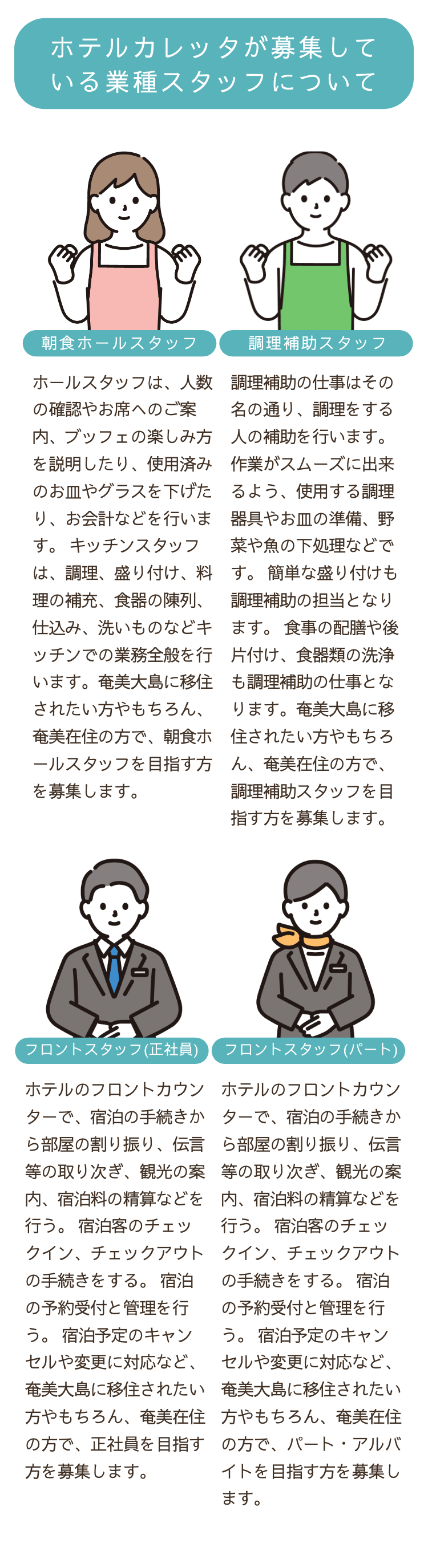 ホテルカレッタが募集している業種スタッフについて